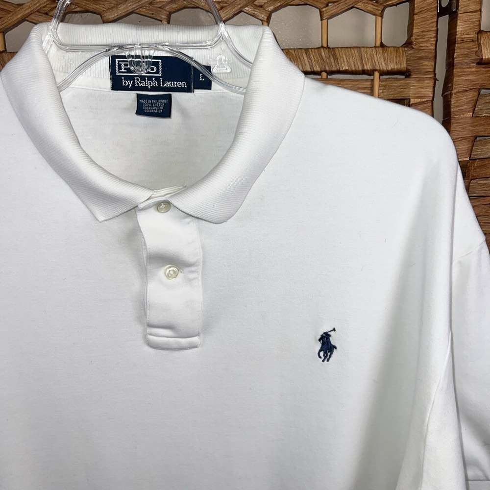Polo Ralph Lauren Mens L Polo Shirt White Cotton Classic Fit Blue Pony